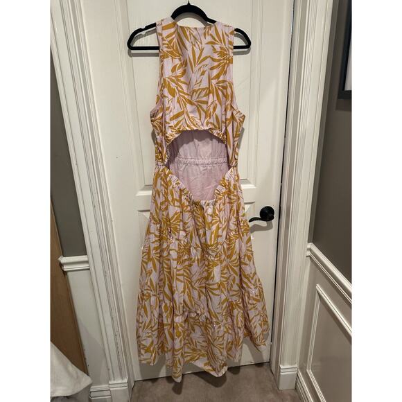 On-34th XXL Pink and Yellow Leaf Print Summer Midi Dress, Open Back, NWT - Picture 7 of 16